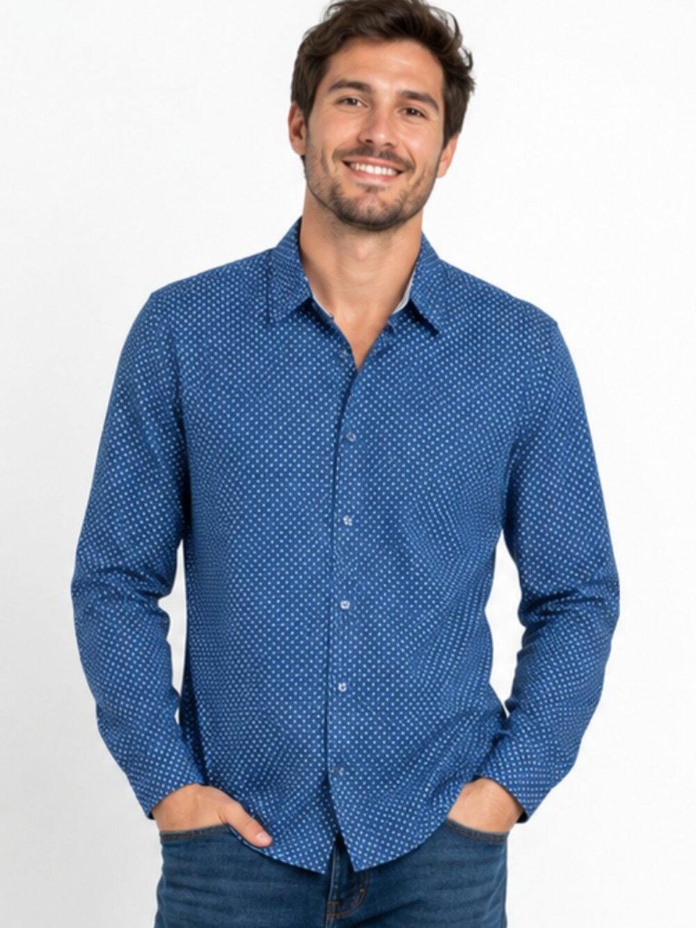 Cubavera XL Blue White Tiny Floral Print Linen Long Sleeve Button Front Shirt